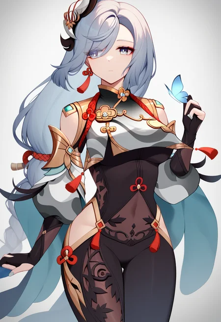 score_9,score_8_up,score_7_up,<lora:shenhe:1>,1girl,absurdres,bare_shoulders,black_bodysuit,black_gloves,blue_butterfly,blue_eyes,breast_curtain,calamity_queller_\(genshin_impact\),closed_mouth,covered_navel,expressionless,eyelashes,eyes_visible_through_hair,floating_hair,gold_trim,hair_between_eyes,hair_ornament,hair_over_one_eye,hand_up,highres,hip_vent,kuji-in,looking_to_the_side,low-braided_long_hair,low-tied_long_hair,partially_fingerless_gloves,shenhe_\(genshin_impact\),sidelocks,single_braid,single_earring,solo,swept_bangs,tassel_earrings,thighs,very_long_hair,white_hair,