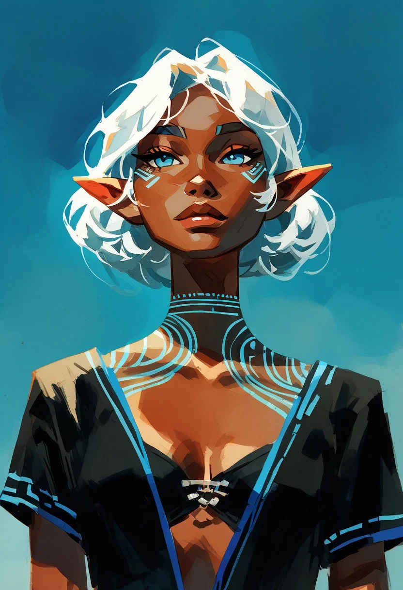 score_9, score_8_up, score_7_up, score_6_up, watercolor painting, aesthetic, ncpy13, pastels drawing,  Half body shot of a beautiful female, dark skin, African, elf ears, refined features, short white hair, parted bangs, blue eyes, the female is wearing a black shirt, open chest, showing her cleavage. wearing a cowboy hat. With tattoos on her neck. Incorporate bold colors, intricate details. The mood is sophisticated, with the characters exuding confidence and style. with a simple background, blue neon lights reflecting off her face. from below.