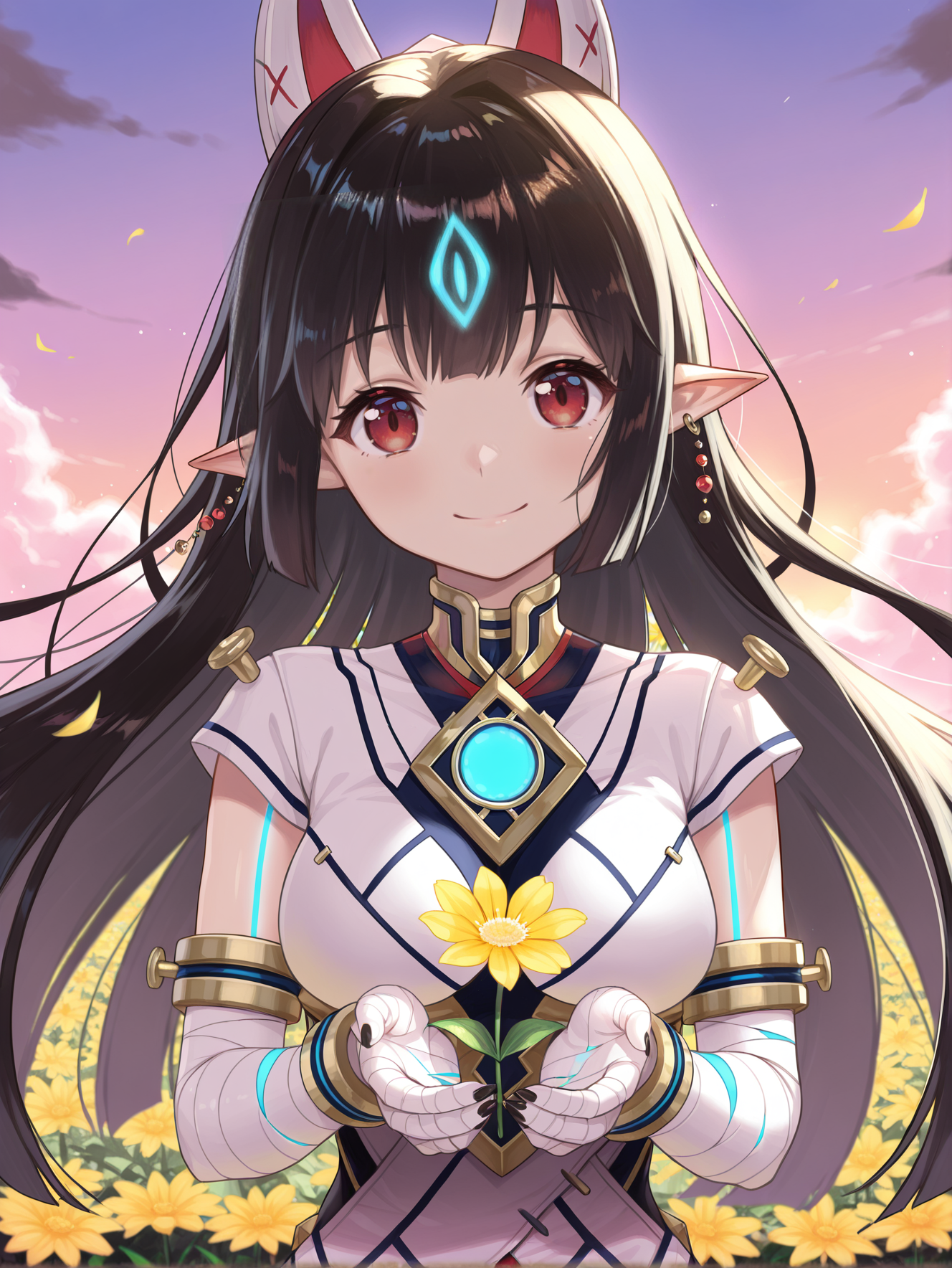 kasandra \(xenoblade\),1girl,solo,yellow flower,holding flower,smile,looking at viewer,fox mask on head back,white japanese dress,white bandaged gloves,ball earrings,blue body tattoo,blue chest jewel,evening,black sharp fingernails,
masterpiece,best quality,amazing quality,very aesthetic,absurdres,newest,<lora:Xenoblade Chronicles 2 - Kasandra illusXL v1.2:0.75>,