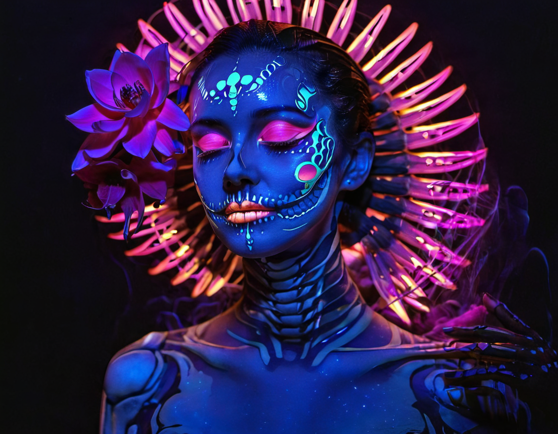 neonpunk style black background, 1girl, skeleton, simple background, makeup, Fluorescence, flower, watermark, ribs, bone, glowing, web address, skull, spine, detailed, proportional, romantic, thought, cinematic, pristine, elegant, magical, pure, light, saturated, color, intricate, very beautiful, decorative, illuminated, epic, fine detail, enhanced, pretty
<lora:FluorescenceXL-000008:1>, , <lora:FILM_PHOTOGRAPHY_STYLE:0.25> . cyberpunk, vaporwave, neon, vibes, vibrant, stunningly beautiful, crisp, detailed, sleek, ultramodern, magenta highlights, dark purple shadows, high contrast, cinematic, ultra detailed, intricate, professional
