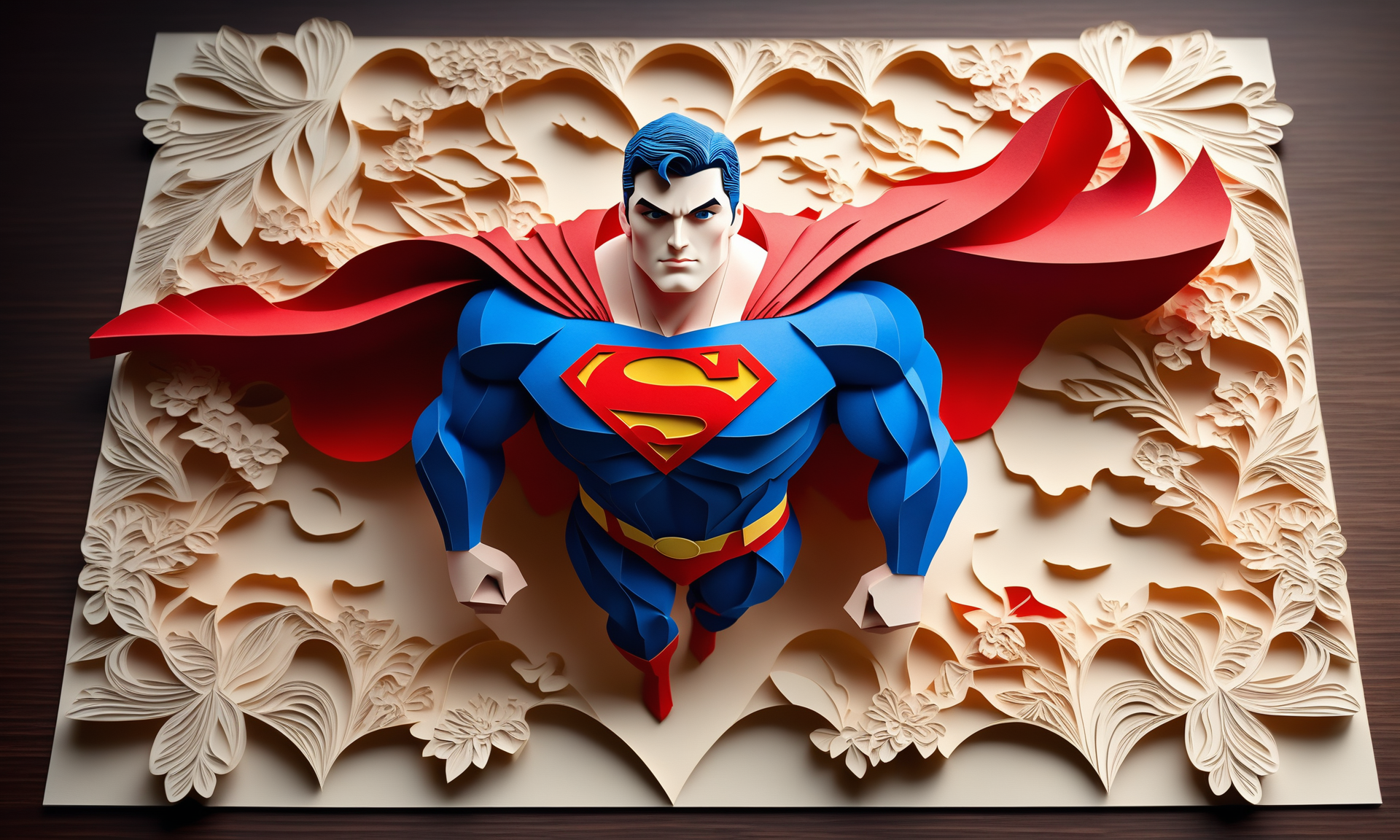 Kirigami representation of <lora:papercarvingcd_xl-000005:0.6>,a superman made of papercarvingcd_xl on floor,colorful,full body,miniature,tilt-shift,indoors,superhero,looking at viewer,front view,8K,HDR,UHD,masterpiece,best quality,highly detailed,high resolution,finely detail,extremely detailed,ultra detailed,wallpaper . 3D, paper folding, paper cutting, Japanese, intricate, symmetrical, precision, clean lines