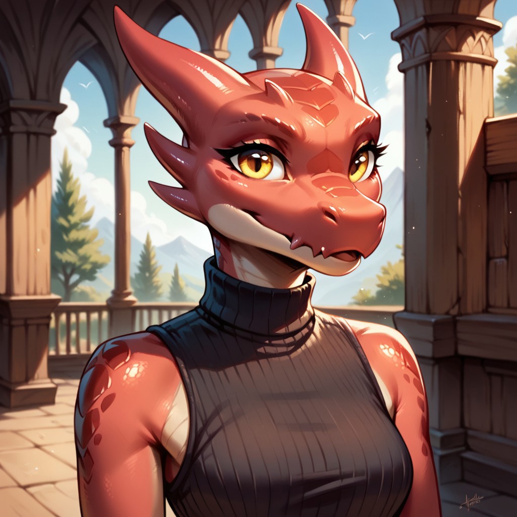 (((detailed, beautiful, high quality))), score_9, score_8_up, score_7_up, solo, 
kobold, furry dragon, tail, short stature,
1girl, female focus, red skin, yellow eyes, black sleeveless turtleneck, 
looking at the viewer,
fantasy background, blurred background,