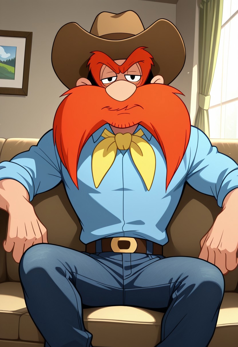 masterpiece, best quality, amazing quality, very aesthetic, absurdres, newest,  high quality, detailed, male, solo male, Yosemite Sam, 1boy, mature male, male, athletic build, human, black eyes, big mustache, bushy eyebrows, facial hair, orange hair, broad shoulders, cowboy hat, blue shirt, yellow neckerchief, blue jeans, indoors, sitting on couch, half body, looking at viewer, grumpy expression, half lidded eyes, living room, volumetric lighting