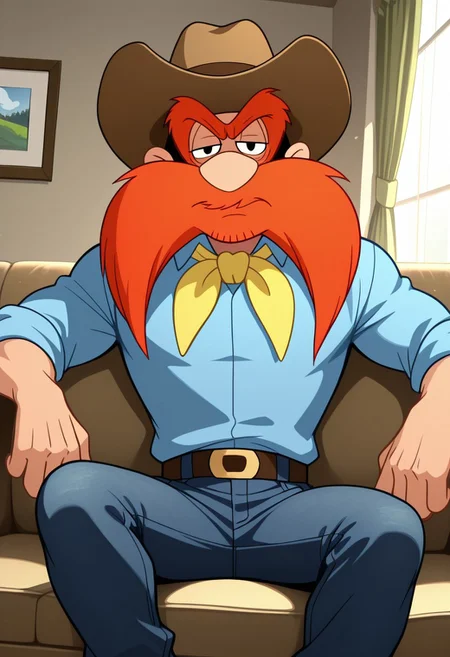 masterpiece, best quality, amazing quality, very aesthetic, absurdres, newest, high quality, detailed, male, solo male, Yosemite Sam, 1boy, mature male, male, athletic build, human, black eyes, big mustache, bushy eyebrows, facial hair, orange hair, broad shoulders, cowboy hat, blue shirt, yellow neckerchief, blue jeans, indoors, sitting on couch, half body, looking at viewer, grumpy expression, half lidded eyes, living room, volumetric lighting