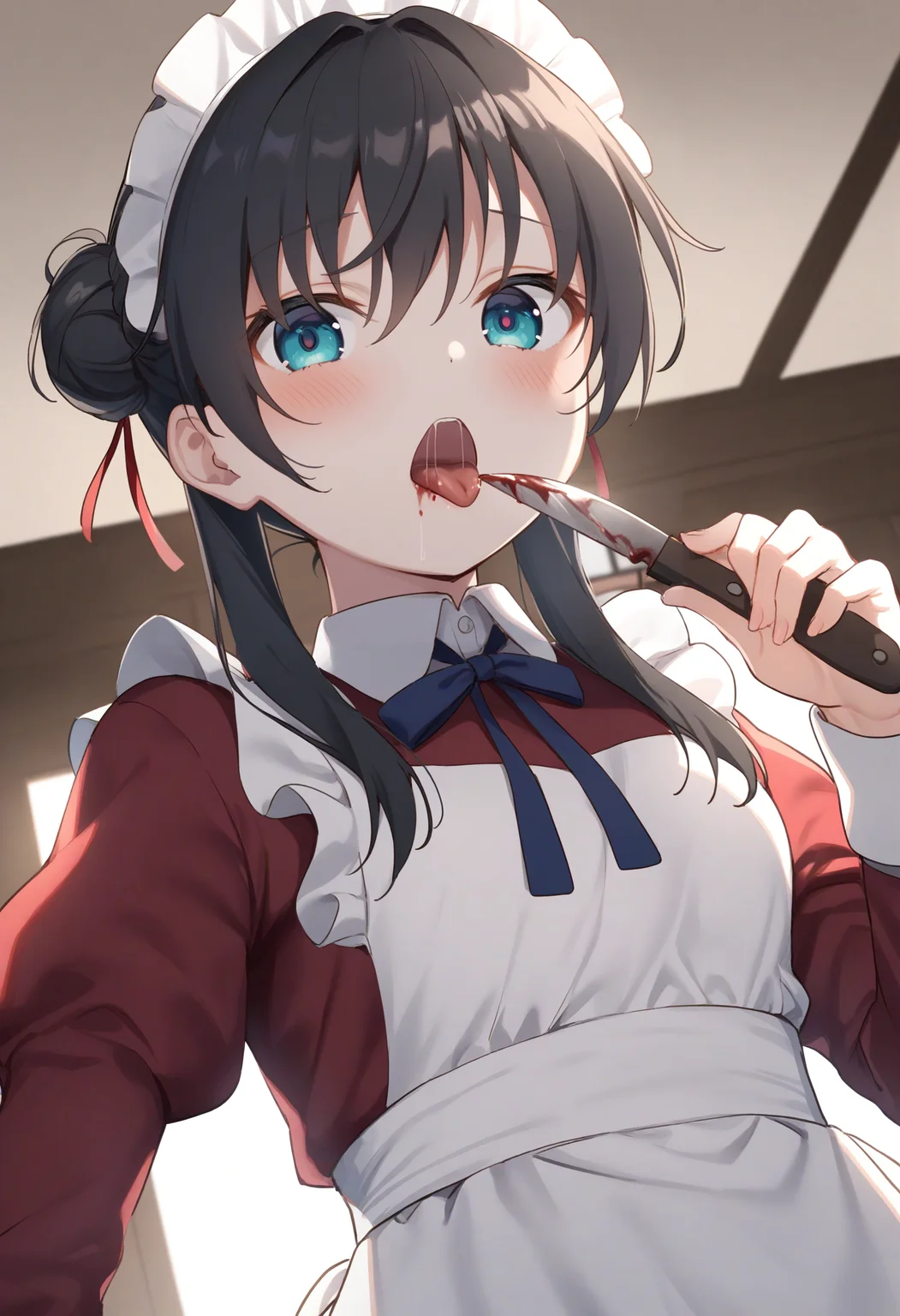 1girl,sincos, ningen mame, toosaka asagi,solo,medium breasts,20yo,maid,maid headdress,
licking knife, <lora:lickingknife_XL_v1:0.8>
tongue out, holding knife, blood,saliva,
ceiling, fisheye lens, looking down, black hair, white eyes,expressionless, Paris city, open mouth, hair bun hair,,
best quality, very aesthetic, absurdres