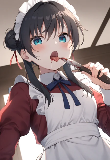 1girl,sincos, ningen mame, toosaka asagi,solo,medium breasts,20yo,maid,maid headdress,
licking knife, <lora:lickingknife_XL_v1:0.8>
tongue out, holding knife, blood,saliva,
ceiling, fisheye lens, looking down, black hair, white eyes,expressionless, Paris city, open mouth, hair bun hair,,
best quality, very aesthetic, absurdres