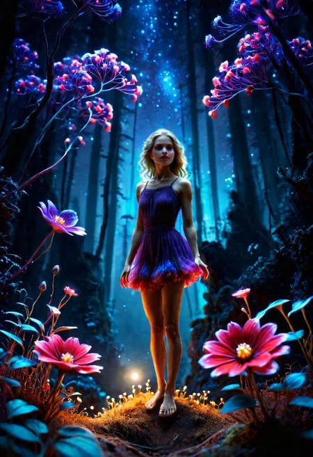((bioluminescent)) purple|red flower gloow, fabulous night forest, (miniature woman) standing under a flower, magical radiance,Concept art,depth of field,Raw photo,realistic,cinematic lighting,soft shadows,sharp focus,fractal,colorful,depth of field,best quality,16k resolution,vivid colors,volumetric lighting,