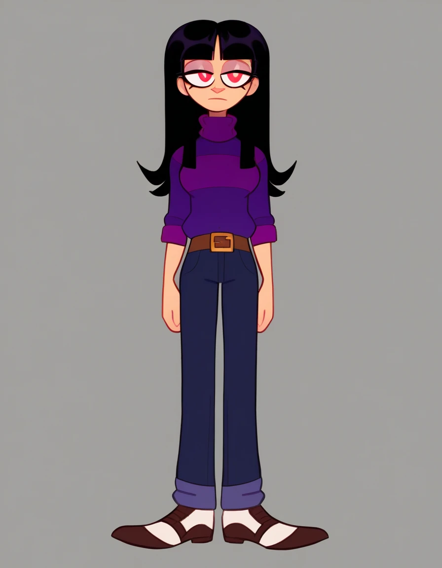 Sarah_HendersonFNF, 1girl, solo, long hair, shirt, black hair, red eyes, standing, full body, belt, pants, sweater, turtleneck, purple sweater, intense red eyes, purple striped sweater, dark blue pants with a brown belt, black and white shoes,
