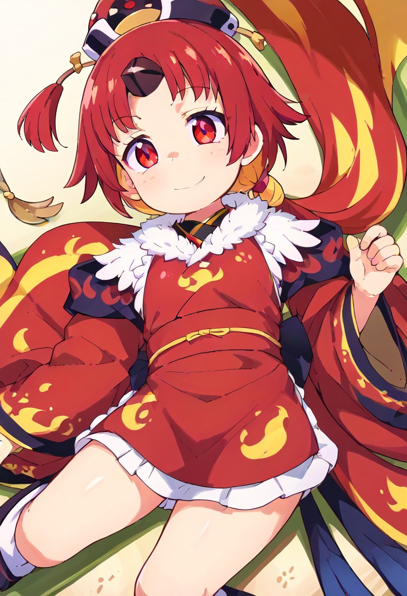 (zPDXL3), 
(zPDXLxxx), 
hiroki,
red eyes, red hair, yellow hair, long hair, Multicolored Hair, low ponytail, single horn, hat, red headwear, japanese clothes, kimono, flame print, wide sleeves, apron, feather trim, feathers, tabi,
from above,
medium shot,
joy,