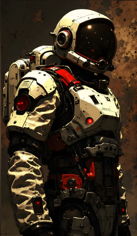 A highly detailed and futuristic astronaut suit, designed with a blend of advanced technology and rugged durability. The suit is primarily metallic silver with red accents, giving it a sleek yet robust appearance. The helmet features a large, reflective visor that reflects the surrounding environment, adding to the sense of realism and immersion. Various mechanical components, such as joints, panels, and cables, are intricately integrated into the suit, suggesting complex functionality and adaptability.
The background is an abstract, textured surface with earthy tones, which contrasts with the clean lines and polished surfaces of the suit. This contrast enhances the focus on the astronaut, making the figure stand out prominently. The overall aesthetic is both futuristic and industrial, evoking a sense of exploration and adventure in a high-tech setting. The attention to detail in the design elements suggests a high level of craftsmanship and artistic vision.
j_art, anime, anime art, <lora:FLUX\jul\J_Anime:1.0>, <lora:FLUX\Anime Art V3:0.1>, <lora:FLUX\RM_Artistify_v1.0M:0.1>, <lora:FLUX\RetroAnimeS1.1:0.1>