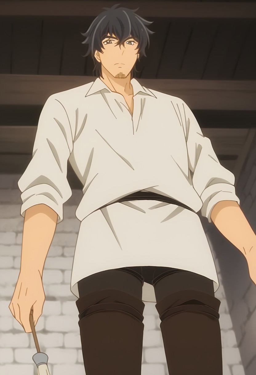 score_9, score_8_up, score_7_up, source_anime, rating_safe, LeoArte, 1boy, male focus, anime screencap, medieval white shirt, sleeves rolled up, black cloth strip around waist, skin-tight black pants, thigh high brown boots, holding paintbrush, anime is absolute treasure for creatives, from below,