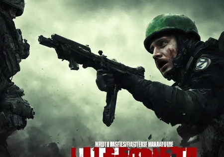 best quality, masterpiece, movie poster, bright green eyes, looking directly at the camera (D1J1Z1 man:1.3) in another world, afffff666666