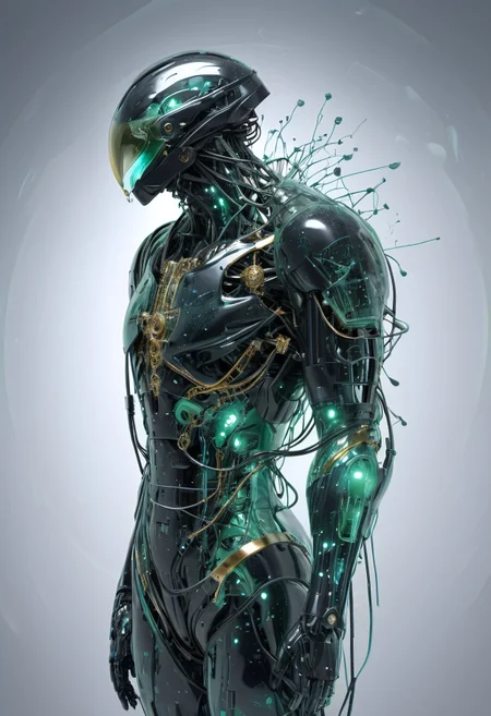 Blame! by Tsutomu Nihei see through cyborg, detailxl, black oil splatter, is flying through a void of blue, golden plated cables everywhere, translucent glass head, software in background, black oil splatter, green everywhere, symbiotic everywhere, insects everywhere titanium everywhere, electric everywhere, easynegative, ng_deepnegative_v1_75t