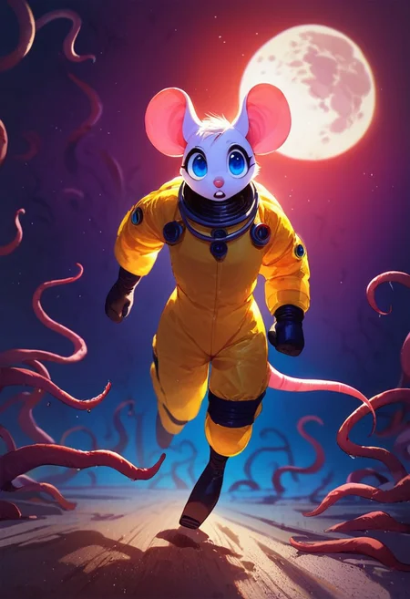 score_9, score_8_up, score_7_up, anime style, anthro,
BeckieMouse, White mouse, blue eyes, 
tentacles, hazmat suit, frightened,
Running, moon, dark lighting,
Straight on, full shot,