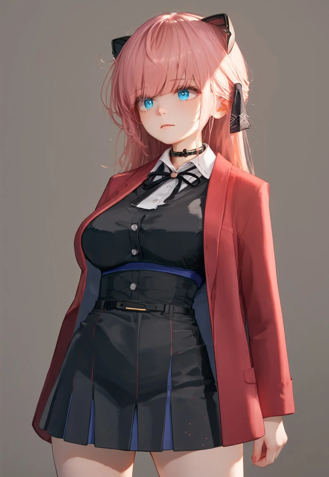 masterpiece, best quality, very aesthetic, anime, plain background, Expressiveh, zPDXL3, sinfully stylish, dramatic lighting, soft light, long shadows, detailed, steady focus, 1girl, solo, Vivi, pink hair, blue eyes, large breasts, choker, hair ribbon, red jacket, bangs, short skirt, 