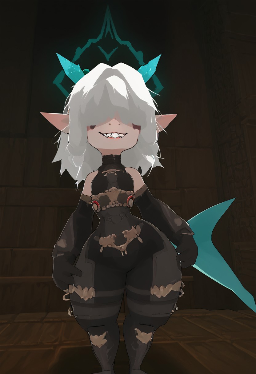score_9,score_8_up,score_8,score_9,
(((vibrant dark colors, high contrast, expressiveh))),
((1boy, solo, original character, imp (atlyss), white hair, messy hair, covered eyes, horns, elf ears, white wide eyes, no pupils, black and white skin, pale white skin with black details, shark tail, mystic class,tooth smile, dark makeup, sexy medivial fantasy suit, flat chest, small breasts, small waist, small hips, thin thighs, teasing,mischevious face)),
 (taunt),
overflow,  sexy belly,
indoors, medivial dungeon background,