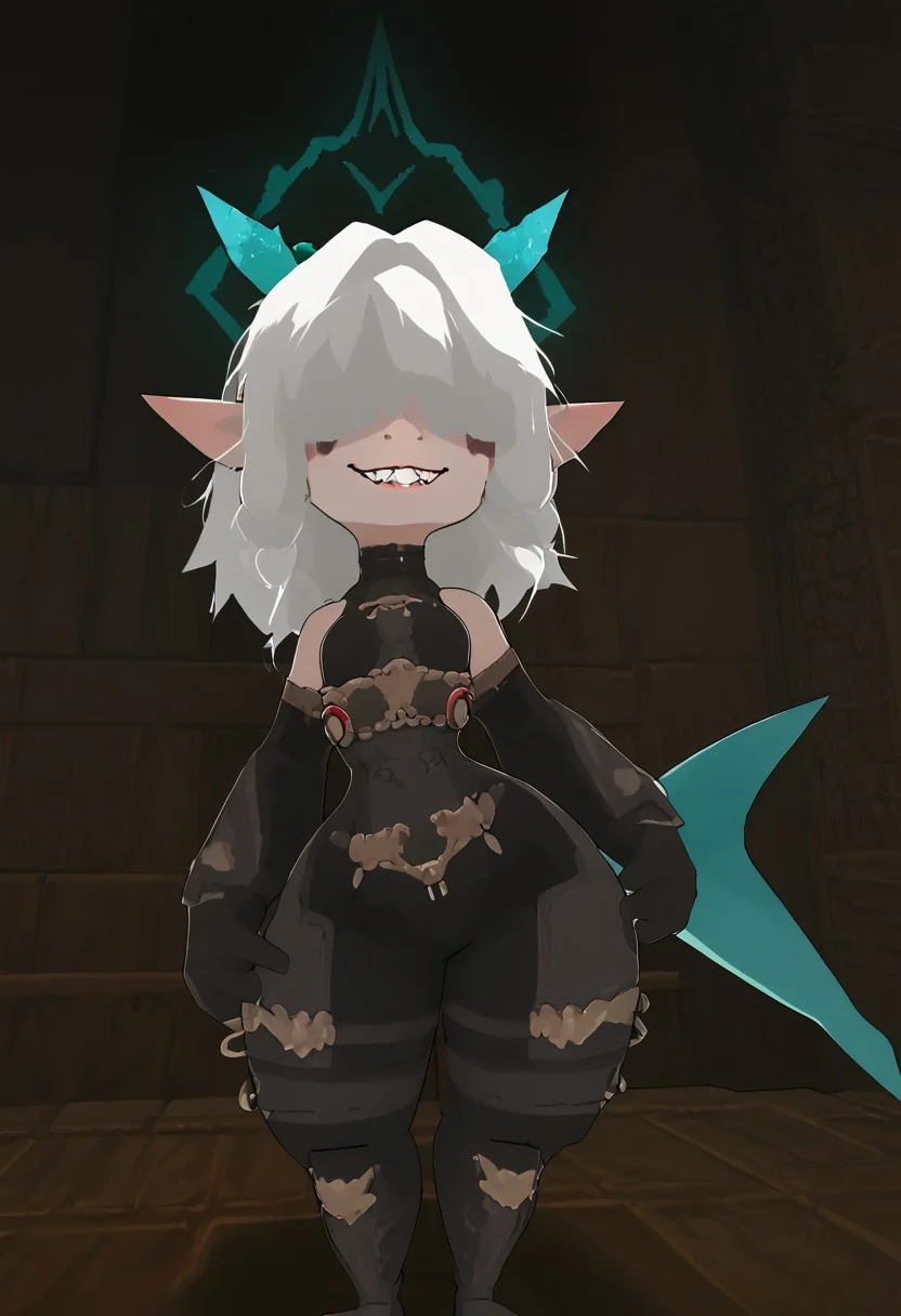 score_9,score_8_up,score_8,score_9,
(((vibrant dark colors, high contrast, expressiveh))),
((1boy, solo, original character, imp (atlyss), white hair, messy hair, covered eyes, horns, elf ears, white wide eyes, no pupils, black and white skin, pale white skin with black details, shark tail, mystic class,tooth smile, dark makeup, sexy medivial fantasy suit, flat chest, small breasts, small waist, small hips, thin thighs, teasing,mischevious face)),
(taunt),
overflow, sexy belly,
indoors, medivial dungeon background,