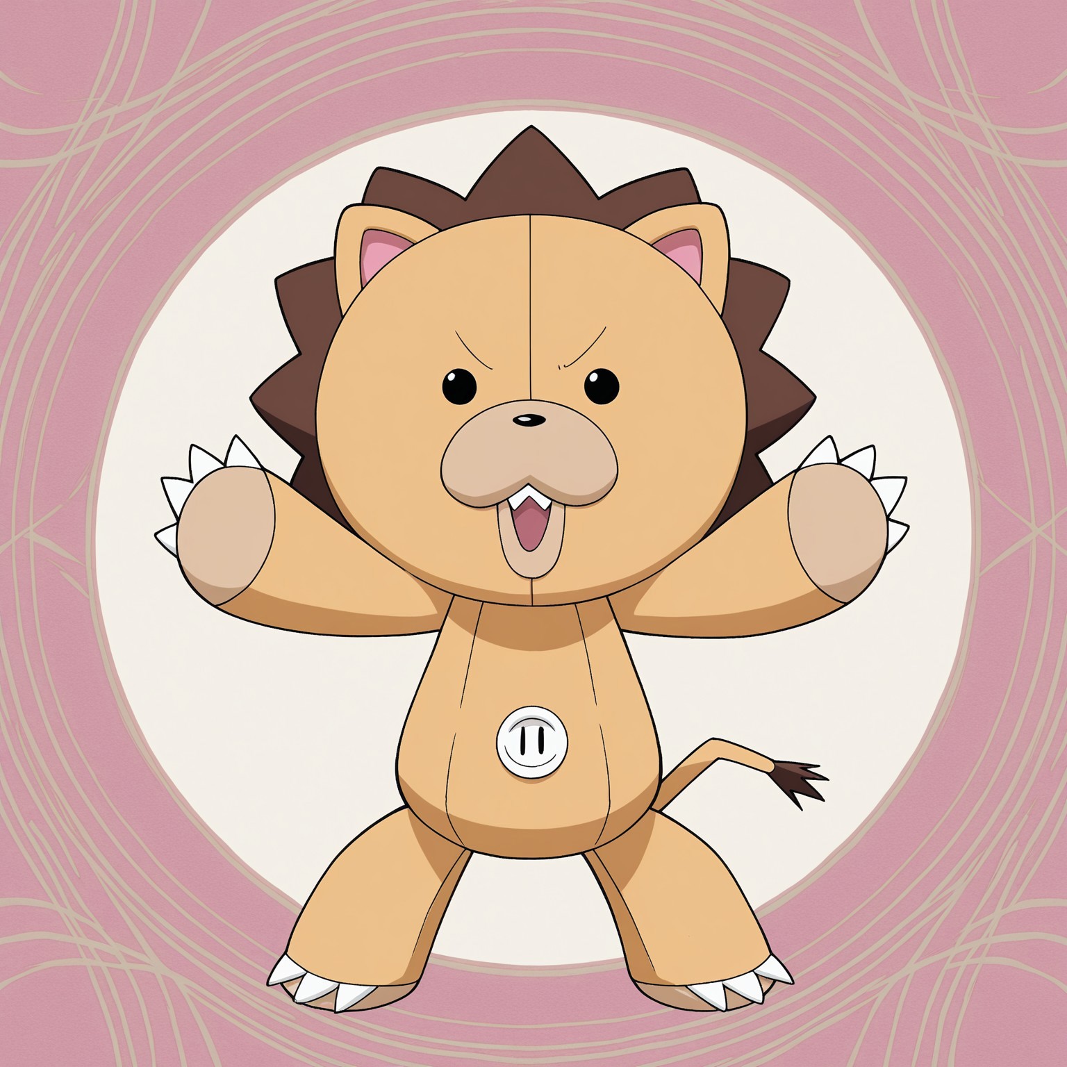 2d, 1boy, male, Kon, no sclera, dot eyes, black eyes, yellow body, Lion, brown mane, animal ears, pink inner ears, tail, stuffed animal, plush body, claws, toe claws, black nose, white button 

BREAK standing, looking at viewer, neutral expression, abstract background, full body

BREAK best quality, amazing quality, very aesthetic, absurdres, newest, masterpiece, high quality
