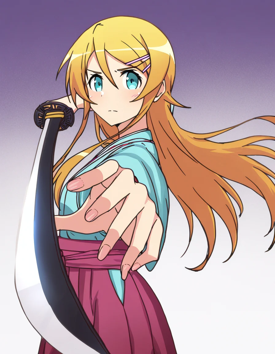 masterpiece, best quality, newest, absurdres, highres, safe,, <lora:kirino-kousaka-s2-ponyxl-lora-nochekaiser:1>, kirino kousaka, long hair, blue eyes, hair ornament, hairclip, orange hair, aqua eyes, mature female, small breasts,, <lora:gatotsu-stance-illustriousxl-lora-nochekaiser:1>, gatotsu stance, weapon, sword, katana, holding weapon, holding, holding sword, foreshortening, japanese clothes, kimono, looking at viewer,, ,