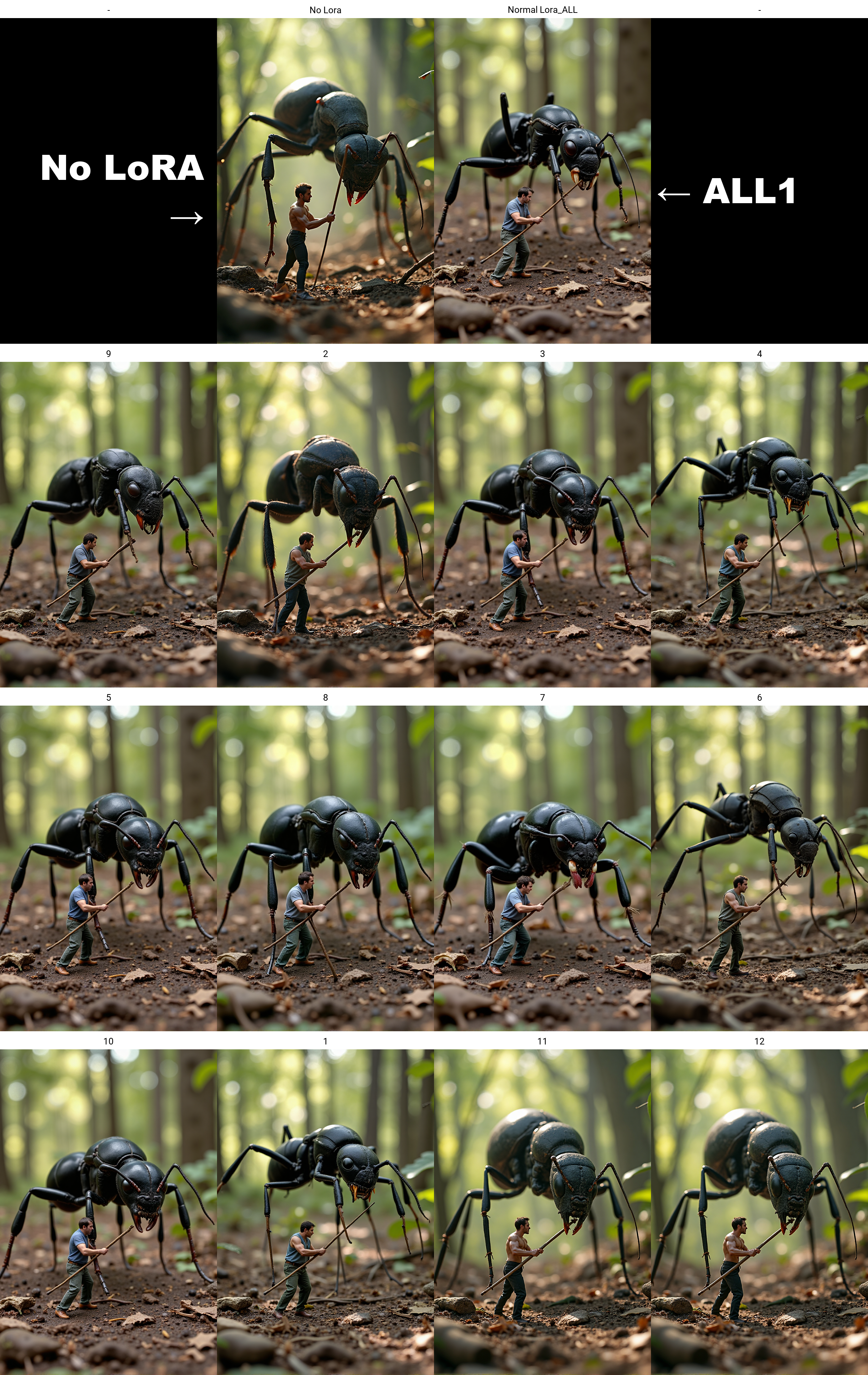 an intense daytime shot of a miniature man locked in battle with a large ant, its towering form looming over him as he grips a tiny makeshift spear. The antâs mandibles are open, ready to strike, while the man stands his ground, muscles tensed, in a defensive stance. Around them, the forest floor is littered with twigs, leaves, and dirt, appearing like a rugged battlefield. Sunlight filters through the trees above, casting dramatic shadows on the ground, highlighting the tension of the scene. The man's expression is fierce, his face determined as he faces the overwhelming size of the ant, making the confrontation feel like a life-or-death struggle in a world much larger than him.