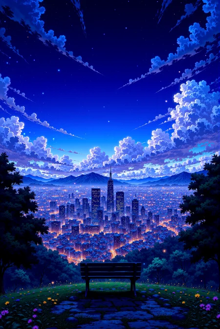 <lora:Vibrant_Glow_style:0.8> VibrantGlow style.
VibrantlySharp style. A panoramic cityscape captured from a quiet, elevated park, where a solitary wooden bench sits facing the distant skyline. The city stretches endlessly, its sea of twinkling lights resembling a constellation of stars against the deep indigo of the night sky. Towering skyscrapers, their windows glowing with golden illumination, create a contrast against the cool blue atmosphere of the urban expanse. Above, rolling clouds, tinged with midnight blues and subtle lavender hues, drift lazily, partially veiling the celestial canvas sprinkled with stars. In the foreground, dense foliage frames the view, the leaves catching stray glimmers from nearby streetlights. The air is heavy with a tranquil stillness, interrupted only by the faint hum of the distant city below. This scene, painted in a mix of semi-realistic anime aesthetics and atmospheric impressionism, conveys the quiet contemplation of one looking out over a city that never sleeps.