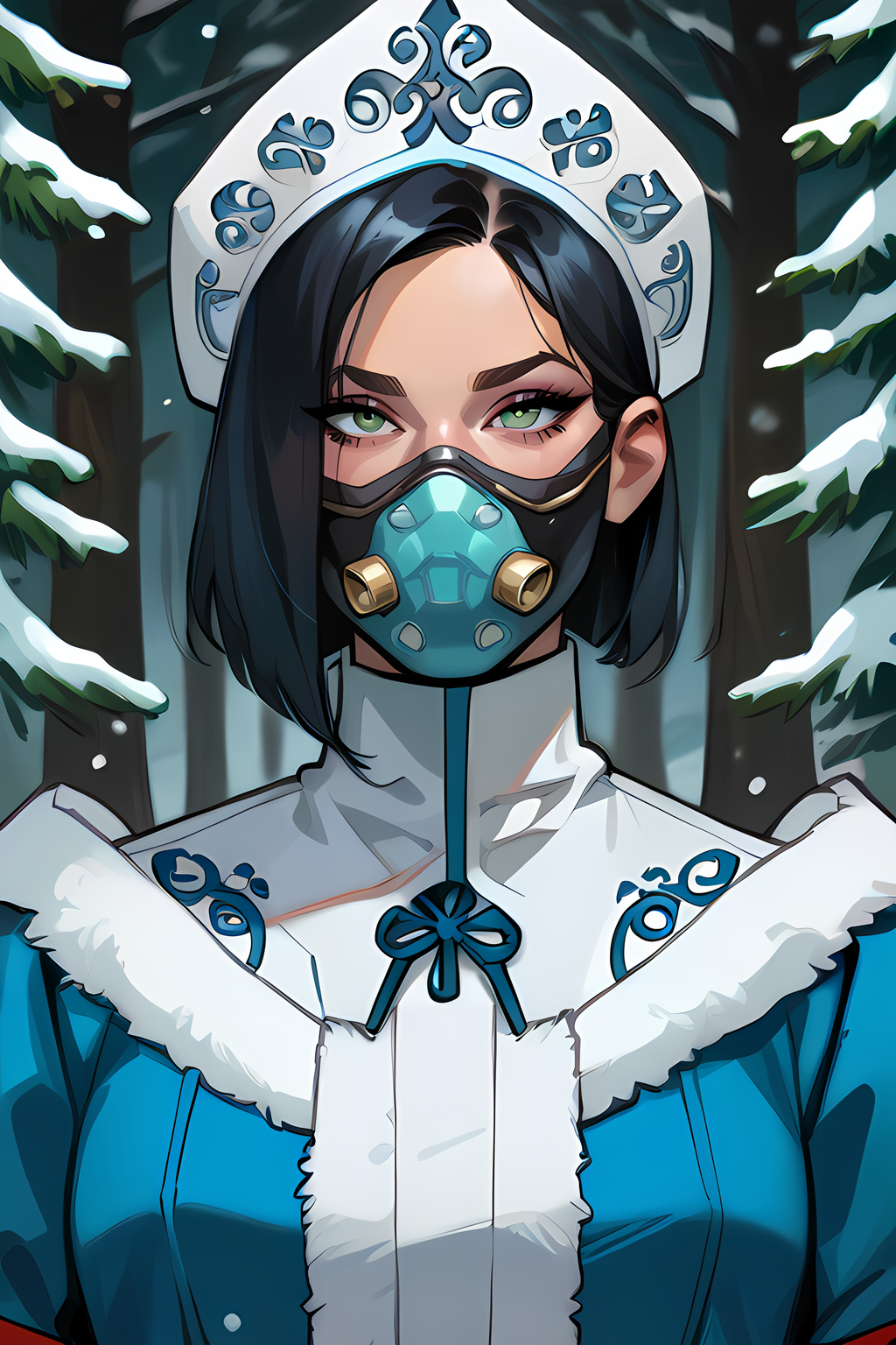 score_9,score_8_up,epiCPhoto,
upper body,
<lora:snegurochka-05:0.8>,snegurochka,1girl,kokoshnik_headdress,long blue coat,turtleneck dress,white fur trim,spruce forest,snow,rich embroidery on clothes,<lora:Lilandava_PDXL:0.25>,lilandavastyle,<lora:g0th1cPXL:0.25>,g0th1cpxl,<lora:officialpit_v2-8:0.5>,<lora:valorantviper-pdxl-nvwls-v1:0.8>,valVipr,bob cut,green eyes,black hair,respirator,mouth mask,