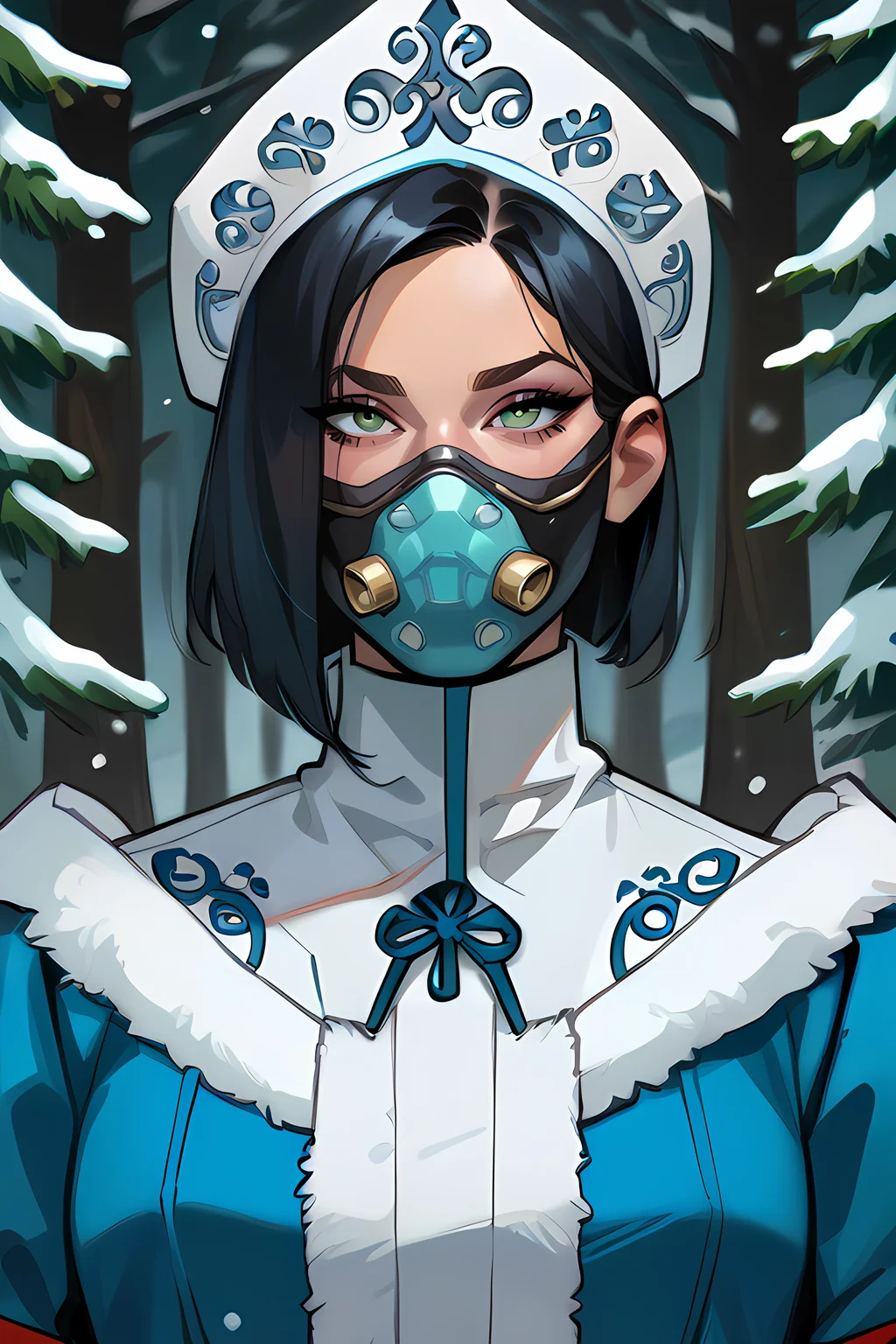 score_9,score_8_up,epiCPhoto,
upper body,
<lora:snegurochka-05:0.8>,snegurochka,1girl,kokoshnik_headdress,long blue coat,turtleneck dress,white fur trim,spruce forest,snow,rich embroidery on clothes,<lora:Lilandava_PDXL:0.25>,lilandavastyle,<lora:g0th1cPXL:0.25>,g0th1cpxl,<lora:officialpit_v2-8:0.5>,<lora:valorantviper-pdxl-nvwls-v1:0.8>,valVipr,bob cut,green eyes,black hair,respirator,mouth mask,