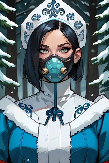 score_9,score_8_up,epiCPhoto,
upper body,
<lora:snegurochka-05:0.8>,snegurochka,1girl,kokoshnik_headdress,long blue coat,turtleneck dress,white fur trim,spruce forest,snow,rich embroidery on clothes,<lora:Lilandava_PDXL:0.25>,lilandavastyle,<lora:g0th1cPXL:0.25>,g0th1cpxl,<lora:officialpit_v2-8:0.5>,<lora:valorantviper-pdxl-nvwls-v1:0.8>,valVipr,bob cut,green eyes,black hair,respirator,mouth mask,