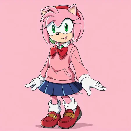 score_9, score_8_up, score_7_up, source_anime, <lora:Sonic_X_Style_V2_NS:0.8>,  /Amy Rose (Sonic)/, pink tail, green eyes, pink fur, pink hair, animal ears, animal nose, white gloves, gloves, red headband, skirt, bow, jewelry, school uniform, pleated skirt, earrings, miniskirt, bowtie,red bow, sweater, blue skirt, cardigan, loafers, pink sweater, black chocker, looking at viewer, solo, dutch angle, cowboy shot, sonicx_style