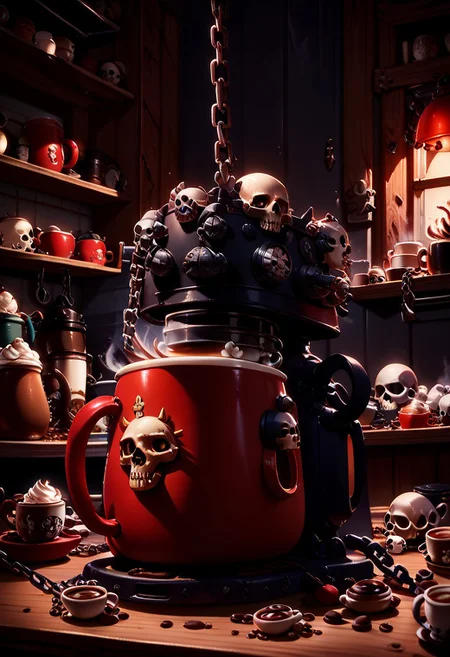 score_9, score_8_up, score_8,
Khrn, no humans, skull, chain, spikes, coffee machine, coffee mugs, kitchen, coffee beans,