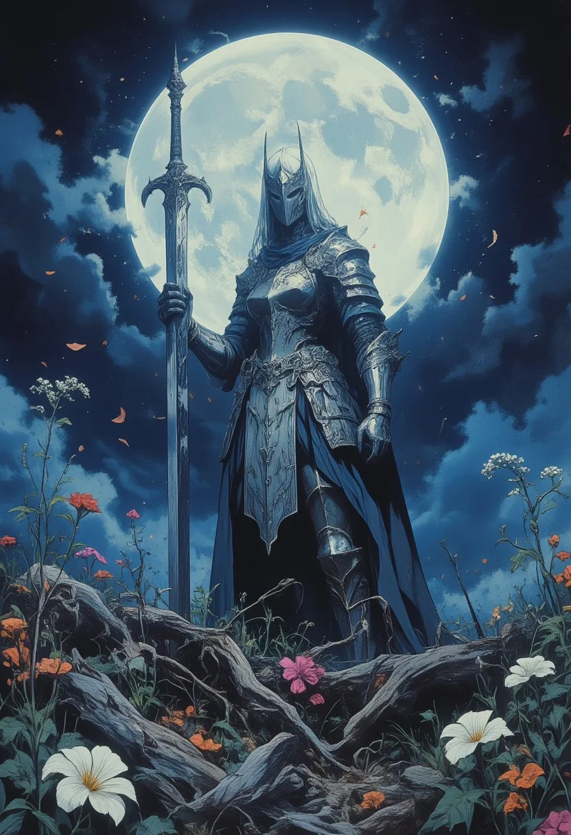smooth and sharp, confined lines, A battle-hardened female knight stands firm, her intricate silver armor dulled by scars of countless wars. Her figure is framed by a field of crushed and blooming wildflowers, a paradoxical battlefield rich with colors of life and death. In her raised hand, a sword as radiant as a shard of the moon itself glows brilliantly, reflecting beams of moonlight that pierce through chaotic clouds of smoke and debris. Around her, fallen warriors and trampled flowers create a haunting mosaic, while petals swirl in the cool night breeze. The moon dominates the sky, its luminous glow casting her as a spectral figure of defiance and grace, earning her the whispered name, "Moon Knight."