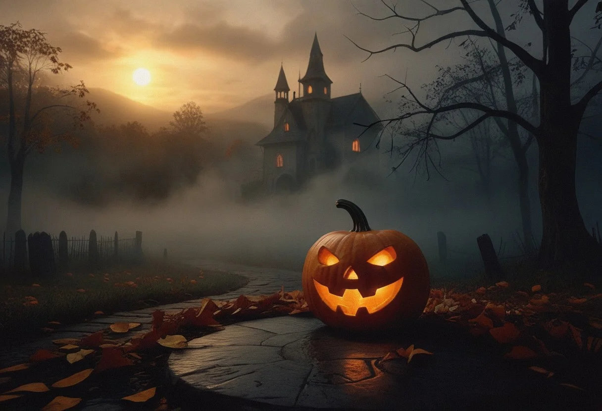 Halloween scene with a Jack-o'-lantern, glowing eerily, surrounded by autumn, dim light, mist, dramatic and scary atmosphere, mist rising from the ground, realistic details, high contrast, cinematic