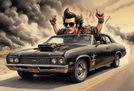 illustration, Ace Ventura driving his vintage modified junket Hot Rod Rat Rod street machine, leaving behind a trail of thick black exhaust smoke in his wake along with his enemies wanting him stopped, his ((Hot Pursuit Chase towards Victory)), positioned seated leaning out overhanging the armrest of car door, leaning top half of his body outside his car, his arm fully stretched so he can reach the steering wheel and still drive, dark retro sunglasses, his hair unaffected by wind, fearless, charismatic, outrageously ridiculous, Tim Burton, hyper-realistic, very detailed, micro pen art, dark vignette, film grain, sharp lines, high dynamic range, light sepia, Gray, Red And Gold Color Scheme, Pet Detective style, ink art