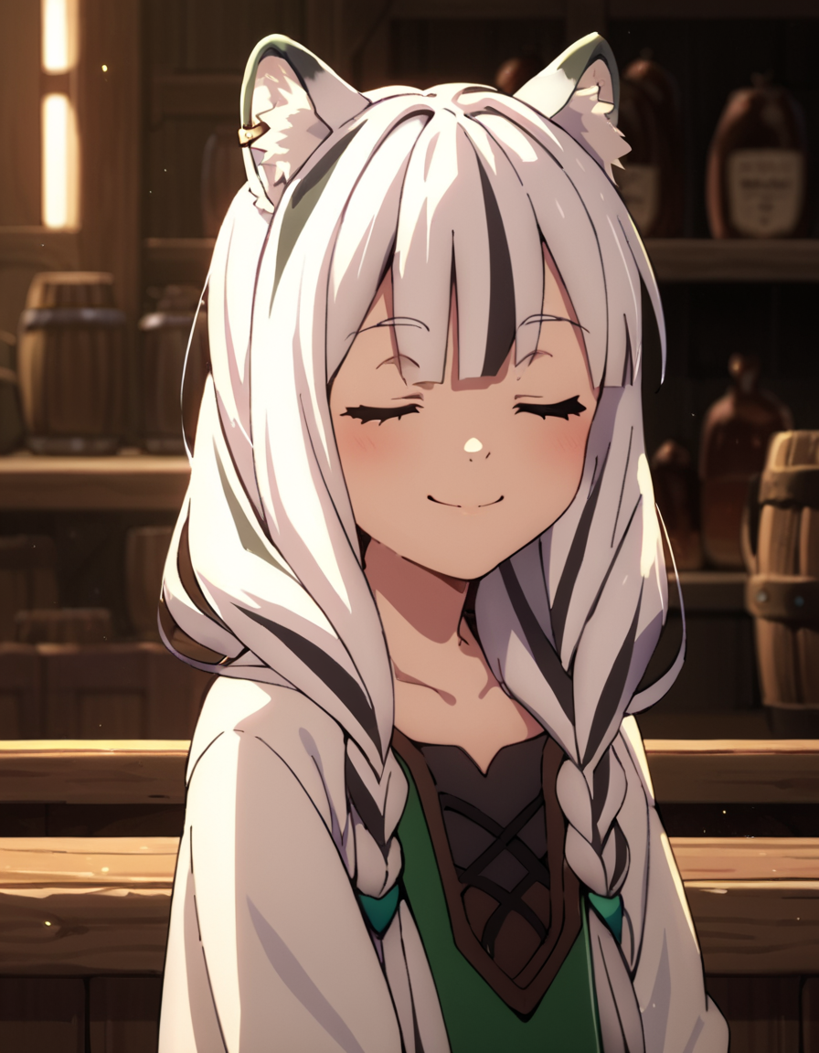 score_9, score_8_up, score_7_up, score_6_up, score_5_up, score_4_up, source_anime,  Atla, white hair, closed eyes, animal ears,  portrait, sitting, tavern, smile