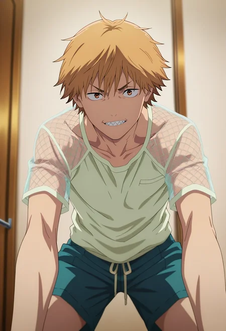 masterpiece, best quality, , anime screencap, anime coloring, official style, looking at viewer, 1boy, solo, male focus, <lora:denji_chainsaw_man_ilxl:1>, denji_chainsaw_man, blonde hair, brown eyes, short hair, bangs, sharp teeth, , Pleated shorts, Mesh Thermal shirt, , ,