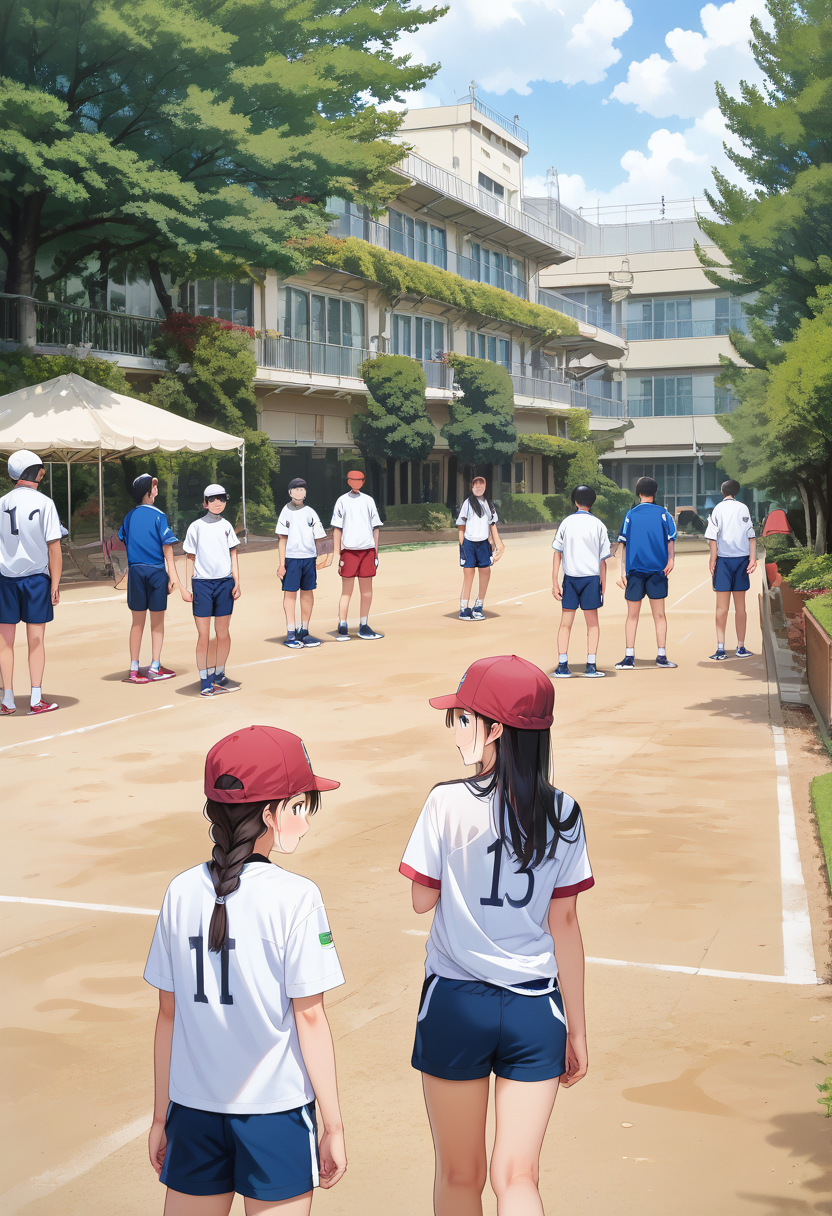 score_9, score_8_up, score_7_up, rating_safe, masterpiece, best quality, absurdres, unity 8k wallpaper, official art, official style, source_anime, uncensored, game cg, megami magazine,
tyoureidai, koutei, photo background, multiple boys, hat, outdoors, multiple girls, 6+boys, shorts, tree, long hair, sportswear, shirt, building, black hair, braid, day, black hair, scenery, white shirt
 <lora:gakkou_ground_PONY_V1:1>