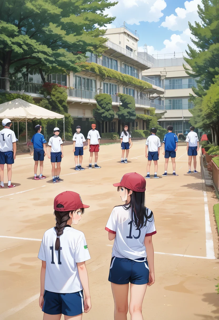 score_9, score_8_up, score_7_up, rating_safe, masterpiece, best quality, absurdres, unity 8k wallpaper, official art, official style, source_anime, uncensored, game cg, megami magazine,
tyoureidai, koutei, photo background, multiple boys, hat, outdoors, multiple girls, 6+boys, shorts, tree, long hair, sportswear, shirt, building, black hair, braid, day, black hair, scenery, white shirt
<lora:gakkou_ground_PONY_V1:1>