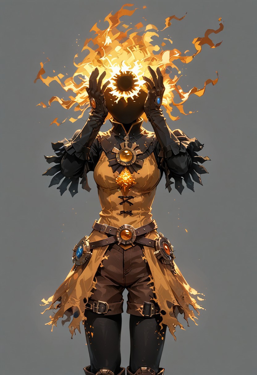 score_9, score_8_up, score_7_up, solo,
lord_of_frenzy, fire head,
headache,
(A cinematic shot:1.2), hkmagic,
novakin, faceless, no eyes, no mouth, no nose, no facial features, short fiery yellow orange hair, body made of black plasma,
open hands, hands on face front,
hands on own head, 
upside-down, backflip,
magical girl outfit, (steampunk dress:1.1), boots, (brown shorts:1.1), black tights, medium breasts, belt, gloves, 
simple background, grey background,
