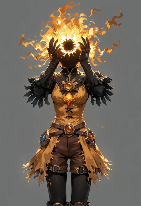 score_9, score_8_up, score_7_up, solo,
lord_of_frenzy, fire head,
headache,
(A cinematic shot:1.2), hkmagic,
novakin, faceless, no eyes, no mouth, no nose, no facial features, short fiery yellow orange hair, body made of black plasma,
open hands, hands on face front,
hands on own head, 
upside-down, backflip,
magical girl outfit, (steampunk dress:1.1), boots, (brown shorts:1.1), black tights, medium breasts, belt, gloves, 
simple background, grey background,