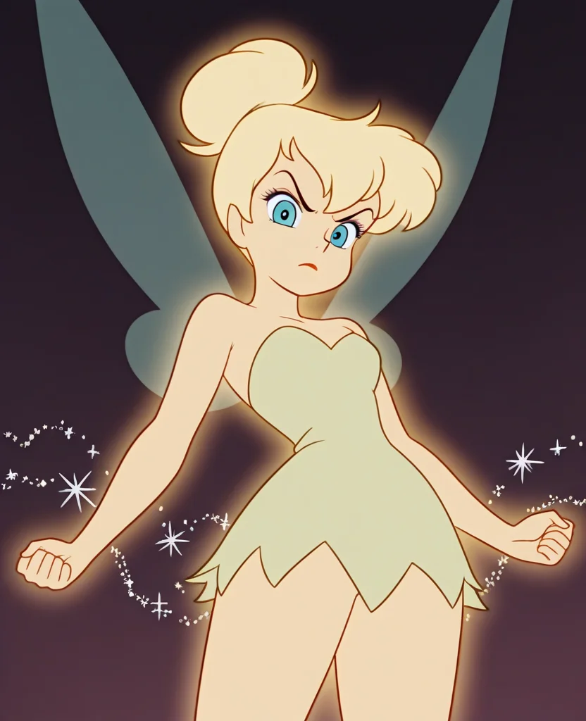 (masterpiece), (best quality), absurdres, intricate details, highres, <lora:Tinker_Bell_ILLUS:1>, tb1, 1girl, blue eyes, blonde hair, dress, wings, strapless, fairy wings, fairy, glowing, looking at viewer, angry, dynamic pose, retro artstyle, closed mouth, from below, cowboy shot,