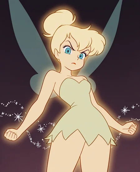 (masterpiece), (best quality), absurdres, intricate details, highres, <lora:Tinker_Bell_ILLUS:1>, tb1, 1girl, blue eyes, blonde hair, dress, wings, strapless, fairy wings, fairy, glowing, looking at viewer, angry, dynamic pose, retro artstyle, closed mouth, from below, cowboy shot,