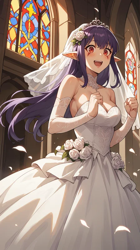 score_9,score_8_up,score_7_up,score_6_up, source_anime, girl, dynamic pose, standing, <lora:Esil Radiru - Pony-000004:0.8>, esil_radiru_sl, long hair, purple hair, bangs, red eyes, facial markings, pointy ears, wedding dress, bridal veil, church, excited,