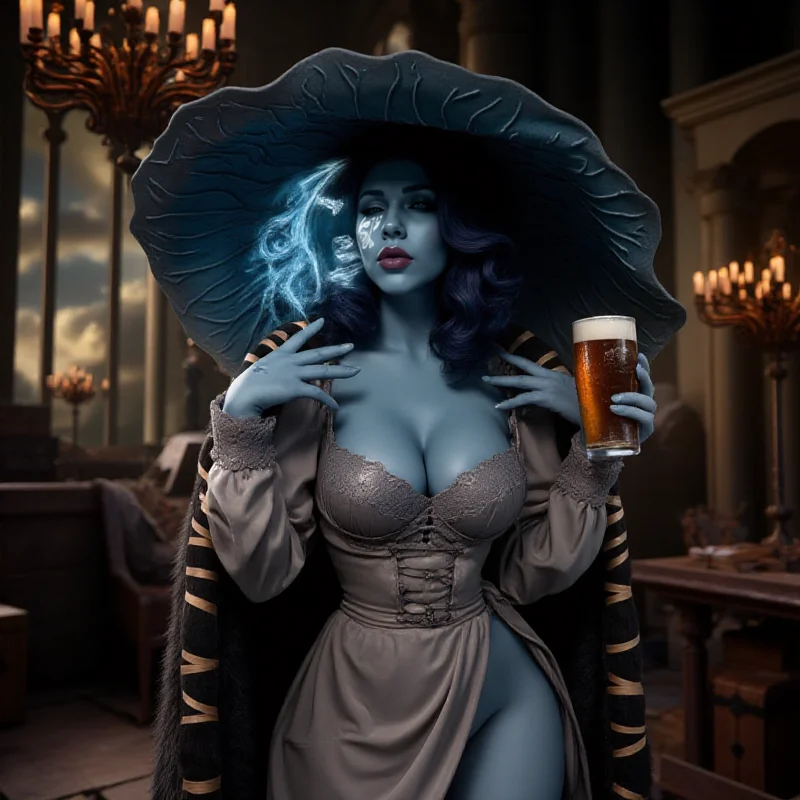 Ranni, a blue skin woman with extra arms and extra face and witch hat. She is holding a beer in each hands in a pub <lora:Ranni:0.9>