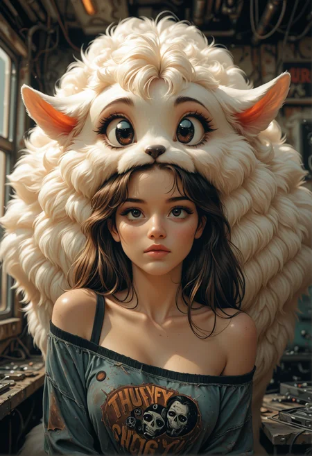 high_quality, highres, detailed_eyes, detailed, masterpiece, best quality, absurdres, 8k, HDR, face_focus, retro, grunge,
1girl, woman, fluffy_creature, motion, cinematic, tilted_angle, over-the-shoulder,