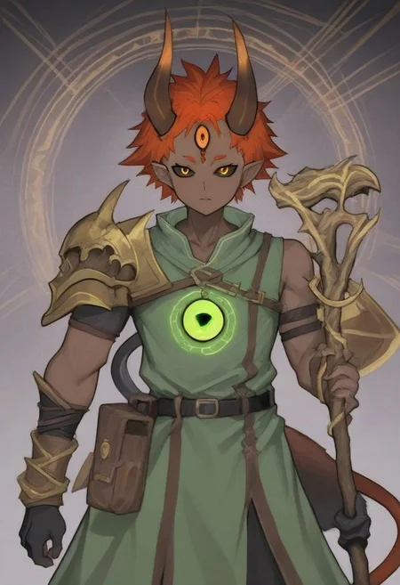 (te'kharoth, third eye), tail, horns, short hair, dark skin, orange hair, black sclera, 1boy, yellow eyes, shoulder armor, cowboy shot, fantasy, magical aura, green tunic, holding, magical staff, amulet, vambrace, glowing, magic circle, belt, pouch,