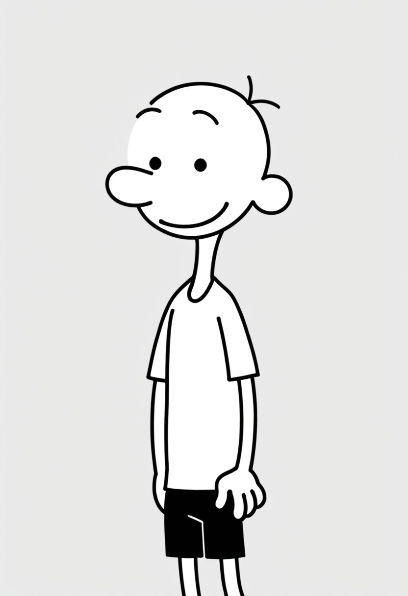 Greg_Heffley, 1boy, solo, white skin, black eyes, black hair, white shirt, black shorts, dot eyes, monochrome, looking at viewer, smile, upper body
