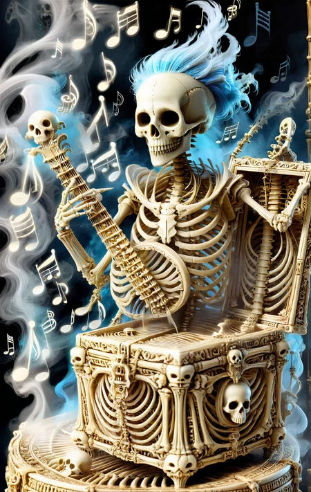 Monster in a Box, dvr-bnz, masterpiece, skeletal bard, made of ancient bones, playing a ghostly lute, glowing blue flames in eye sockets, emerging from an ornate wooden music box, box adorned with gothic musical notes, swirling mist, ethereal glow, bone fingers plucking strings, spectral aura, eerie melody, haunted atmosphere, intricate bone details, dark fantasy setting, ancient relic, cursed music