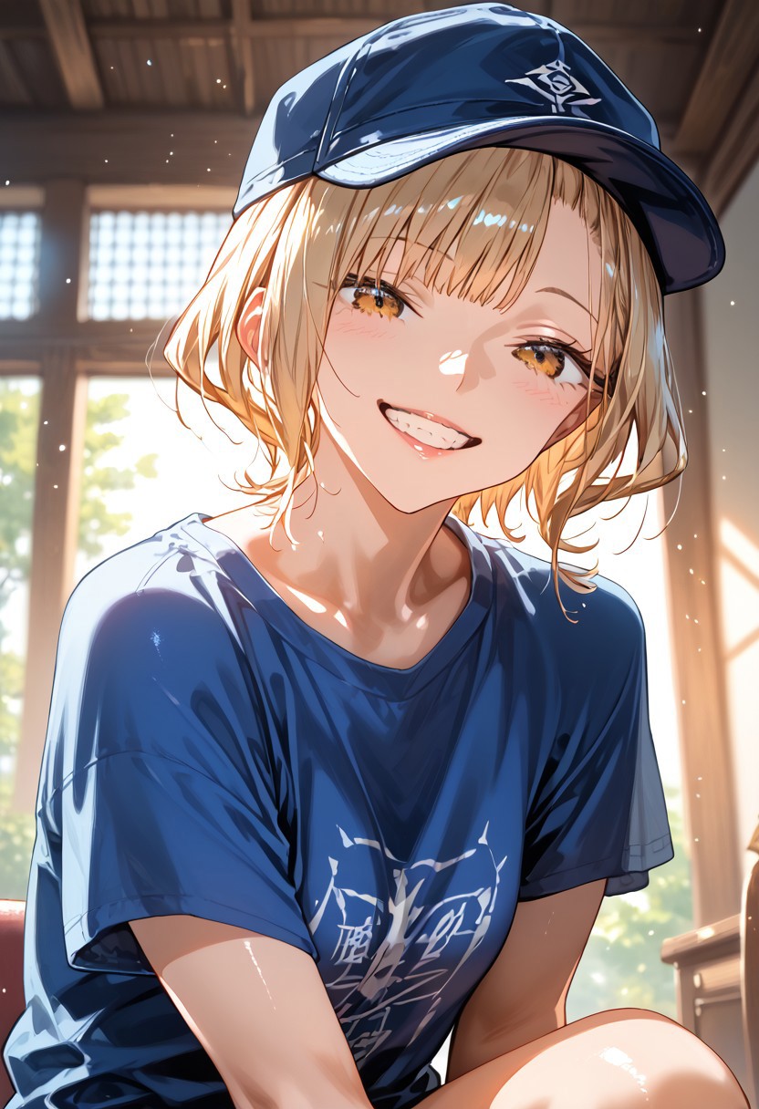 score_9, score_8_up, score_7_up, vibrant colors, dim light, steamy, depth of field, bokeh, detailed anime masterpiece, highly detailed, (dynamic lighting : 0.8), volumetric lighting
masterpiece, best quality, newest, absurdres, CG, anime, source anime, illustration, very aesthetic, high resolution, ultra-detailed, newest, scenery, medium depth of field, rule of thirds, masterpiece-level, clean lines, sharp, focused subject,  
detailed eyes, detailed face, detailed skin, subsurface scattering, facedetailxls, source_anime, 1girl, (solo focus:1.25), anjouYG, athletic build, (skinny:1.2), (long legs:1.15), short hair, makeup, short hair, bangs, blonde hair, light brown eyes, leg focus, small breasts
cap, T-shirt
closeup to face, portrait, grin, smile, outside border
indoors
cinematic angle, various angles, detailed background, beautiful background,  (rays light:1.0),(grow:1.0), light particles, motion lines, from both sides