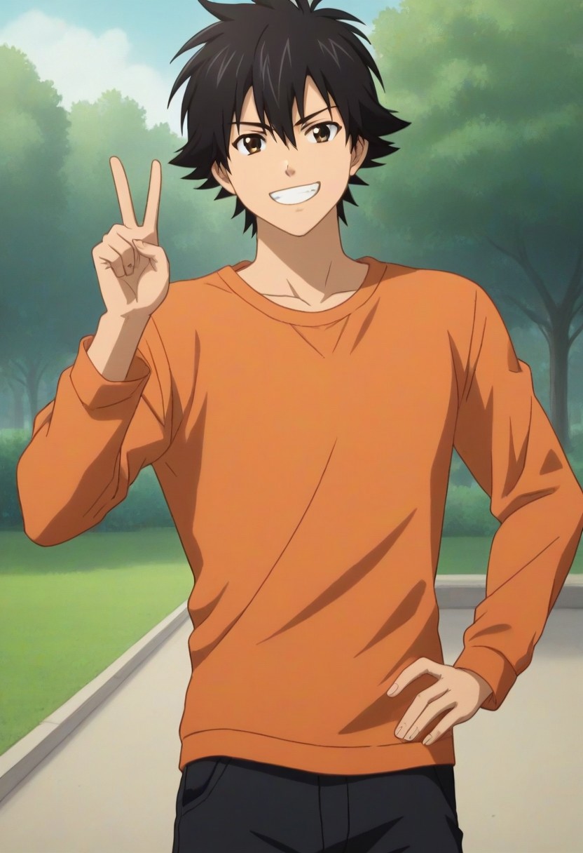 ((masterpiece)), ((best quality)), ((ultra-detailed)), ((absurdres)), score_9_up, score_8_up, score_7_up,
HD, top quality, best quality, amazing quality, High-quality illustrations, anime screencap, source_anime, best aesthetic, perfect proportions, perfect eyes, 1boy, 1male, solo boy, solo male, male focus, solo male focus, Anime, boy, male anime character, anime boy, handsome, cute, charming, sexy, good-looking, Yusuke Fujisaki, black hair, brown eyes, orange shirt, long sleeves, dark gray shorts, ((slim body, lean body)), ((cowboy shot, head to hips shot)), ((front view, front shot, facing front, view from the front)), ((outside, park)), ((smirk)), ((peace gesture, ✌ gesture)), one hand on hip pose))