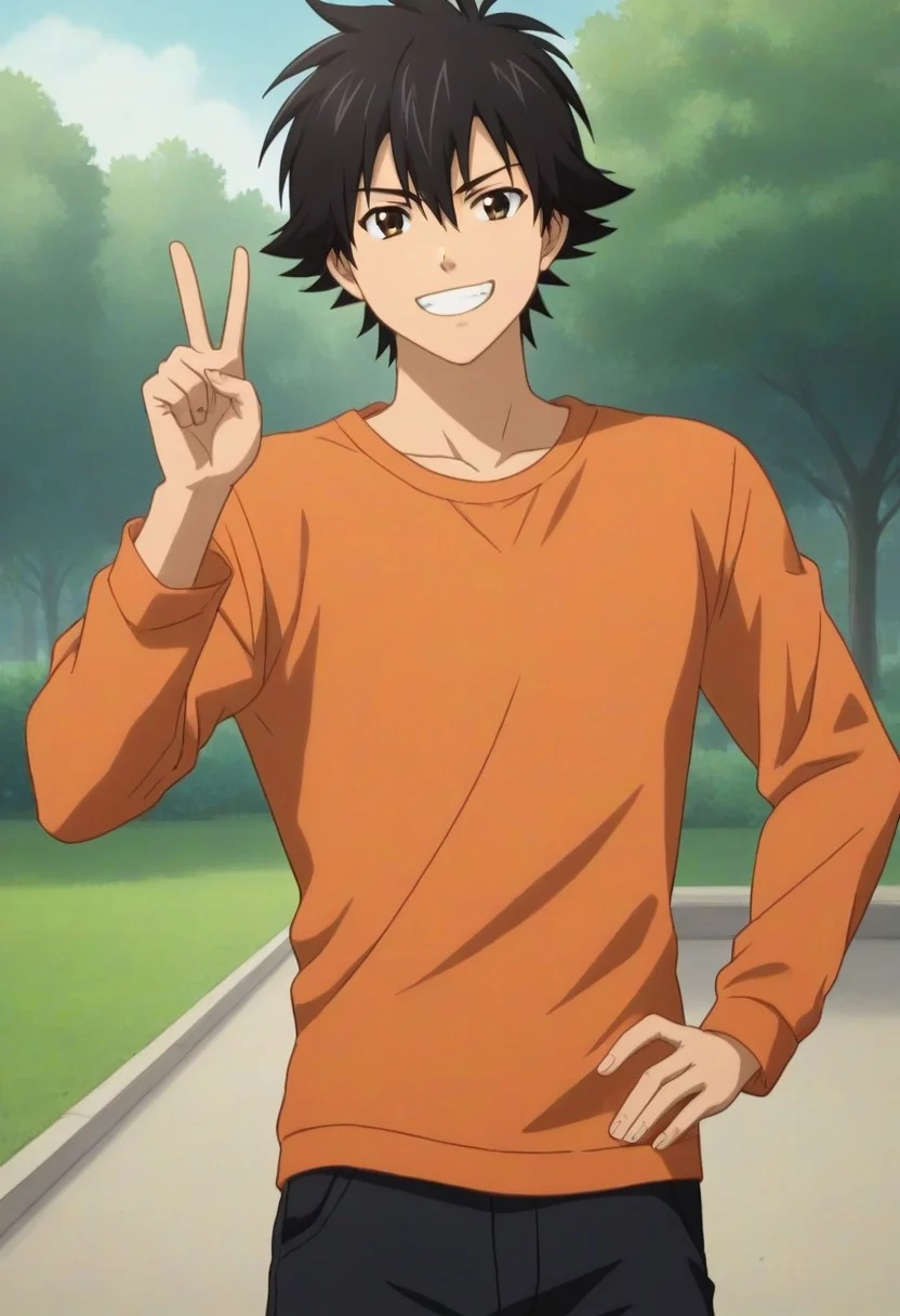 ((masterpiece)), ((best quality)), ((ultra-detailed)), ((absurdres)), score_9_up, score_8_up, score_7_up,
HD, top quality, best quality, amazing quality, High-quality illustrations, anime screencap, source_anime, best aesthetic, perfect proportions, perfect eyes, 1boy, 1male, solo boy, solo male, male focus, solo male focus, Anime, boy, male anime character, anime boy, handsome, cute, charming, sexy, good-looking, Yusuke Fujisaki, black hair, brown eyes, orange shirt, long sleeves, dark gray shorts, ((slim body, lean body)), ((cowboy shot, head to hips shot)), ((front view, front shot, facing front, view from the front)), ((outside, park)), ((smirk)), ((peace gesture, ✌ gesture)), one hand on hip pose))